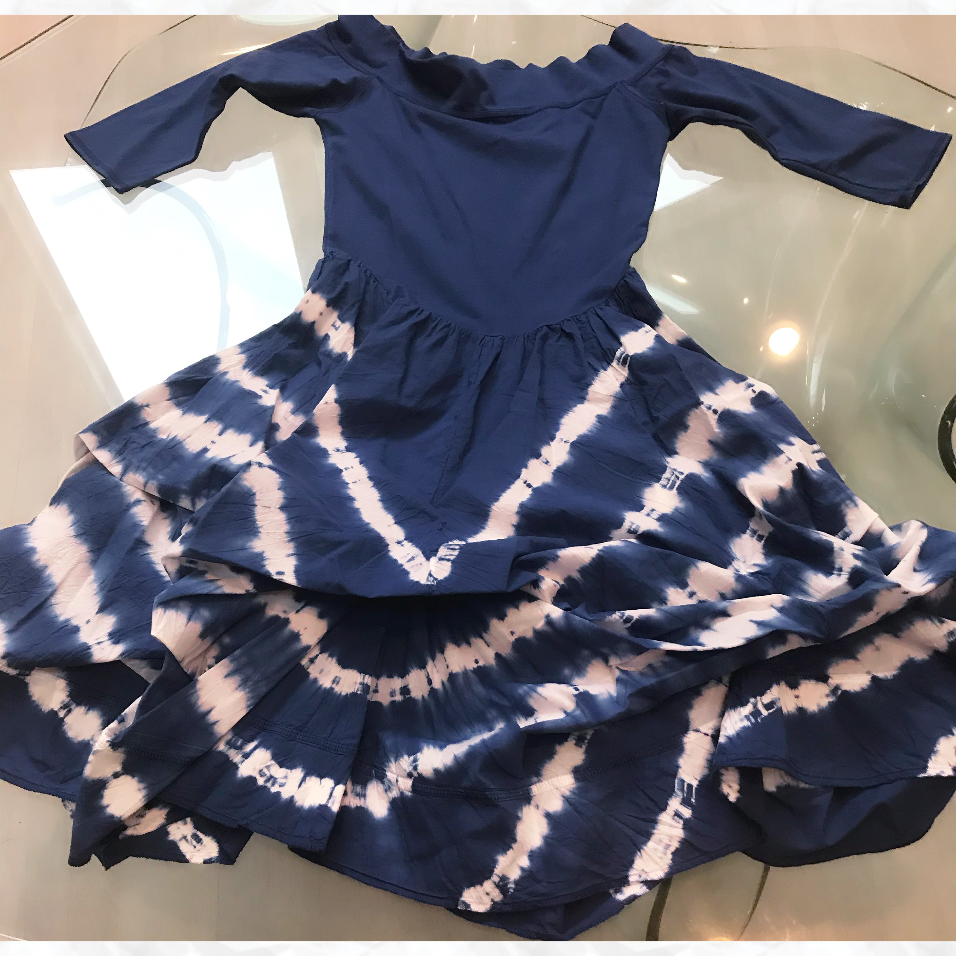 Luna Luz: Tied & Dyed Off Shoulder Diagonal Striped Hem Dress (NEW: Ships Immed, 1 Left!) LL_393T_NAVY_STRIPES
