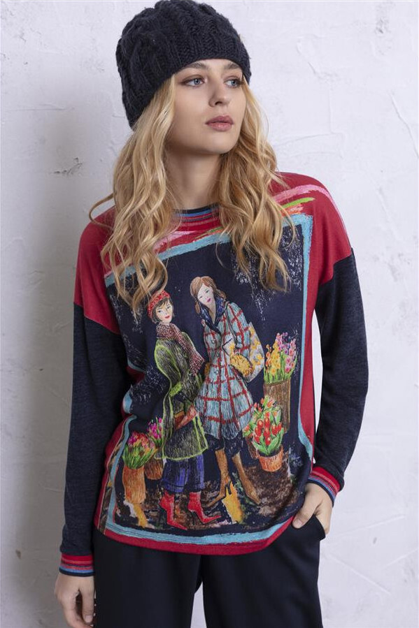 Maloka: Bestie Beauties on a Tweed Canvas Art Sweater (Few Left!) MK_EZRA
