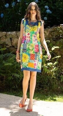 Maloka: Floral Denim Patch Linen Stretch Dress