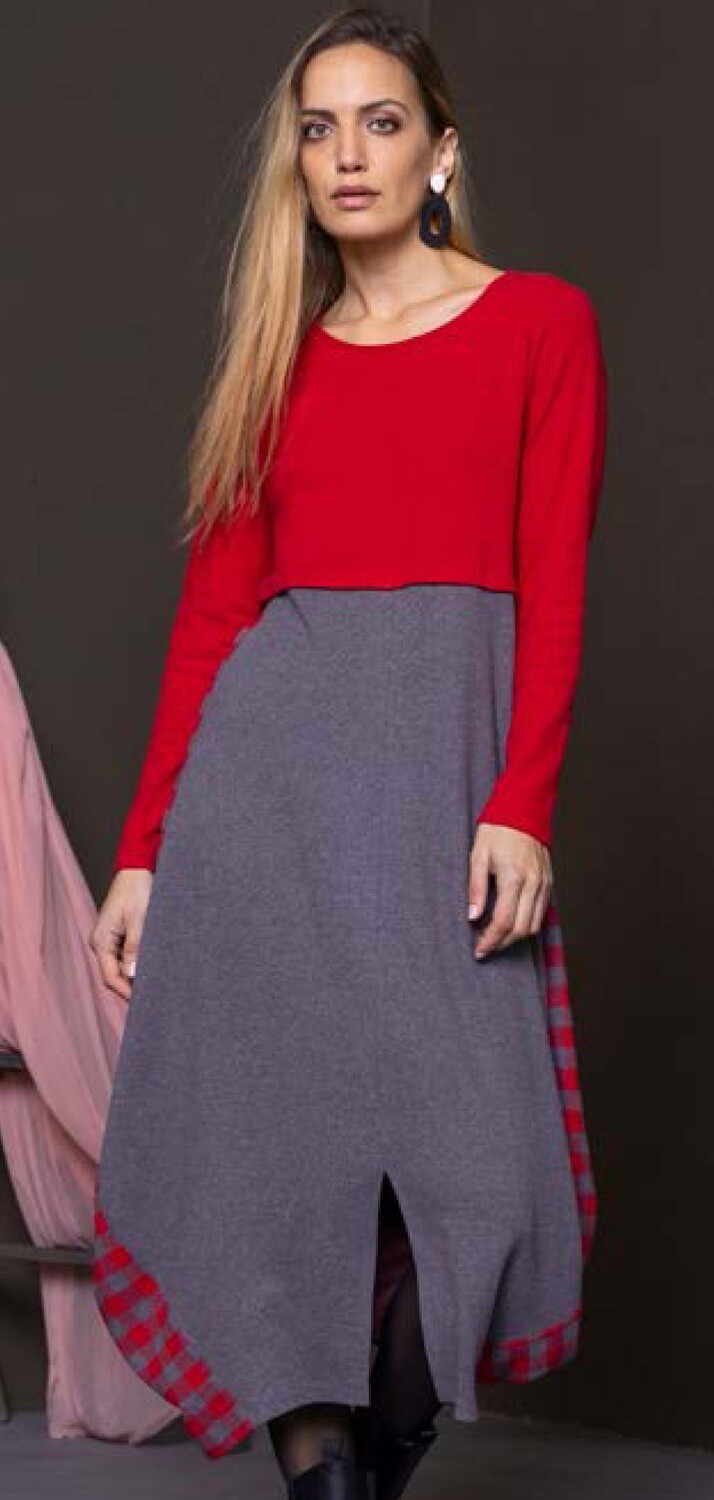 G!oze: Red Tiles Flared Cotton Contrast Dress