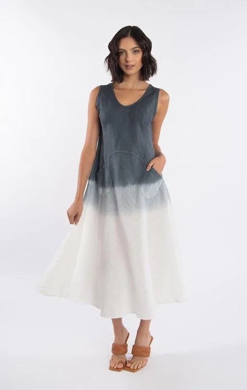 Luna Luz: Margarita Linen Midi Tank Dress In Shale Ombre