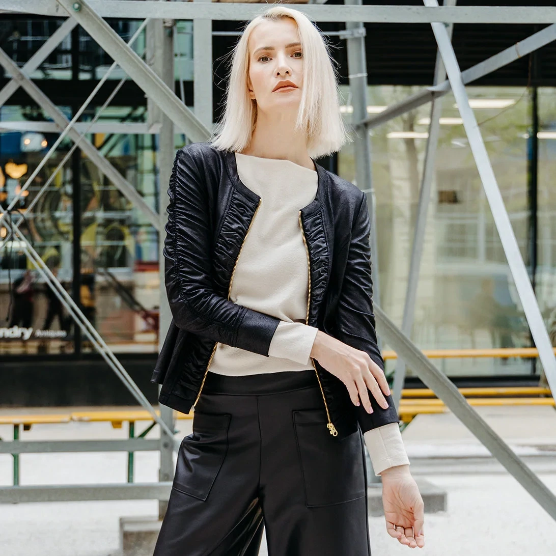 Clara Sunwoo: Liquid Leather Ruched Zip Jacket