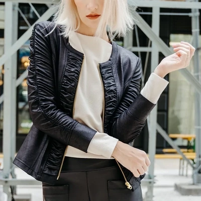 Clara Sunwoo: Liquid Leather Ruched Zip Jacket