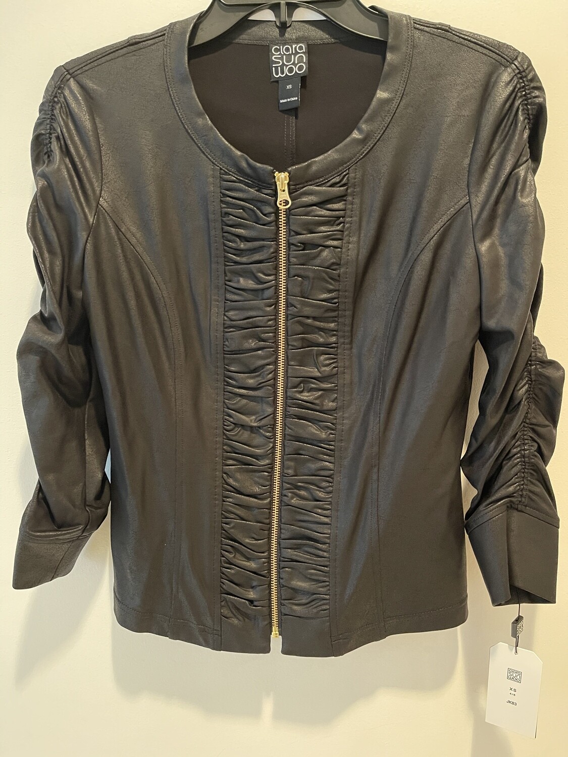 Clara Sunwoo: Liquid Leather Ruched Zip Jacket