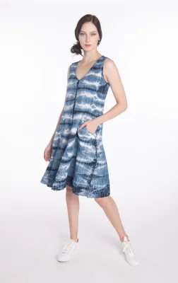 Luna Luz: Marianna Tie Dye Linen Dress in Navy Bamboo