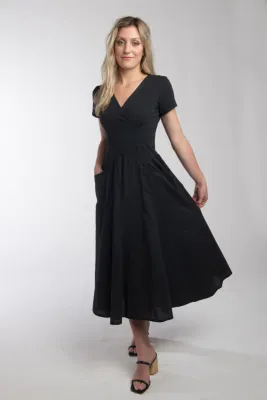 Luna Luz: Short Sleeve Cross Over Bodice Long Dress In Black Botanical