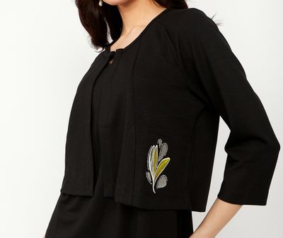 Dolcezza: Embroidered Leaf Knit Cardigan Bolero In Black
