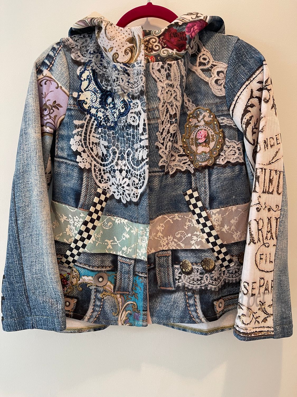 IPNG: Antique Jewels Ribboned Denim Illusion Flare Coat