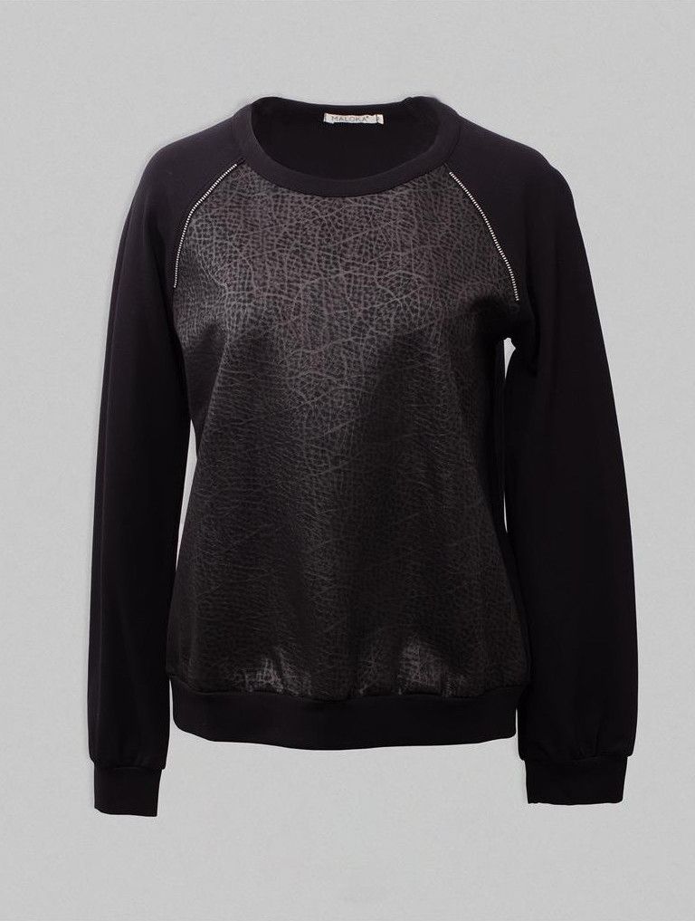 Maloka: Black Shimmer Faux Leather Mixed Media Sweatshirt