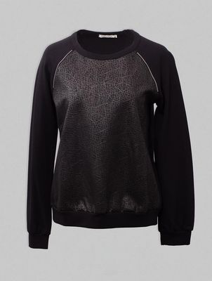 Maloka: Black Shimmer Faux Leather Mixed Media Sweatshirt