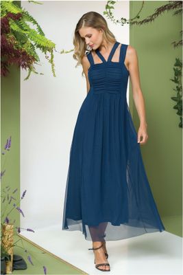Maloka: Blue Beauty Mesh Overlay Maxi Dress Maloka: Blue Beauty Mesh Overlay Maxi Dress