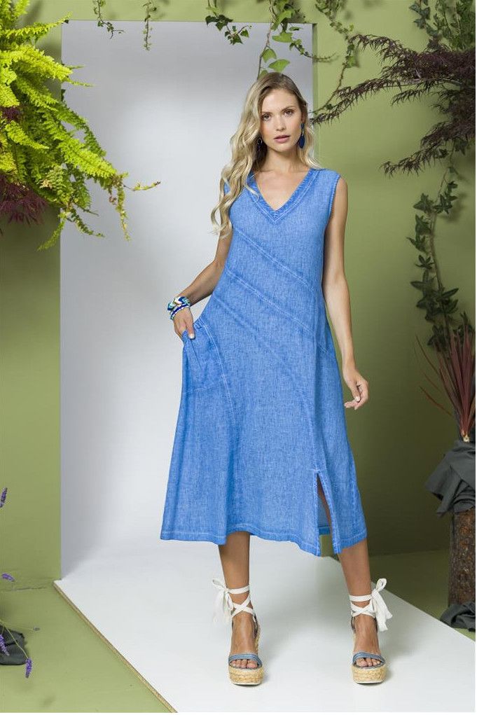 Maloka: Blue Topaz Linen Midi Sundress
