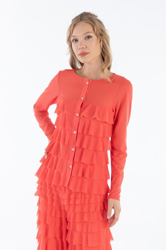 Isle Apparel By Wild Curves: Cha Cha Ruffled Cardigan In Sorbet Mesh
