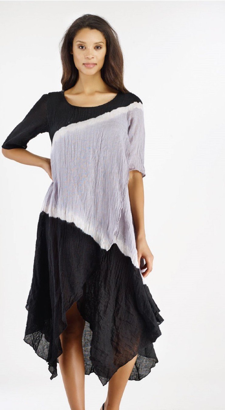 Luna Luz: Linen Gauze Tri-Dye Asymmetrical Swing Dress