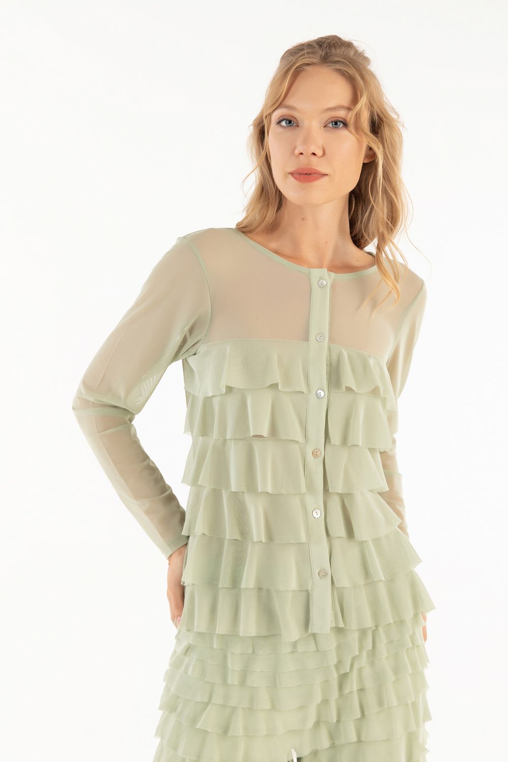 Isle Apparel By Wild Curves: Cha Cha Ruffled Cardigan In Seafoam Mesh