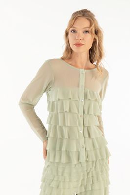 Isle Apparel By Wild Curves: Cha Cha Ruffled Cardigan In Seafoam Mesh