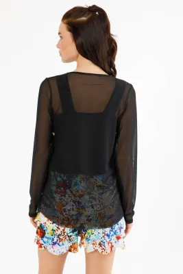 Isle Apparel By Wild Curves: Cha Cha Ruffled Cardigan In Black Mesh