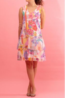 Maloka: Pink Purple Basket Of Pansies Ruffled Dress