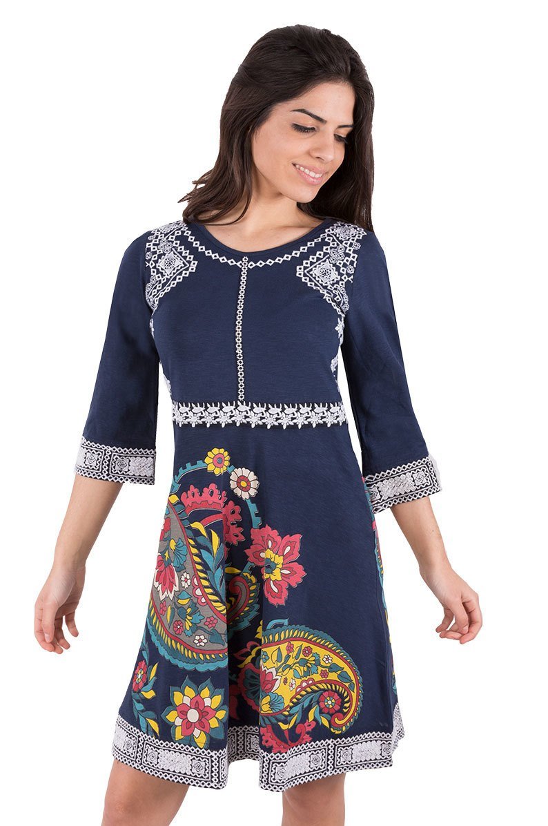 Savage Culture: Blue Cactus Embroidered Cotton A-line Dress Zinia