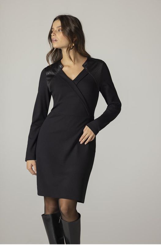 Maloka: Black Leopard Collar Crossed Bodice Dress Front