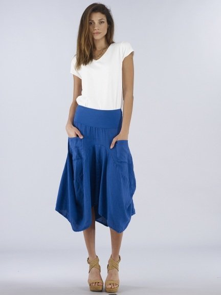 Luna Luz: Swivel Hemline Linen Midi Pocket Skirt (Ships Immed, 1 Left!)