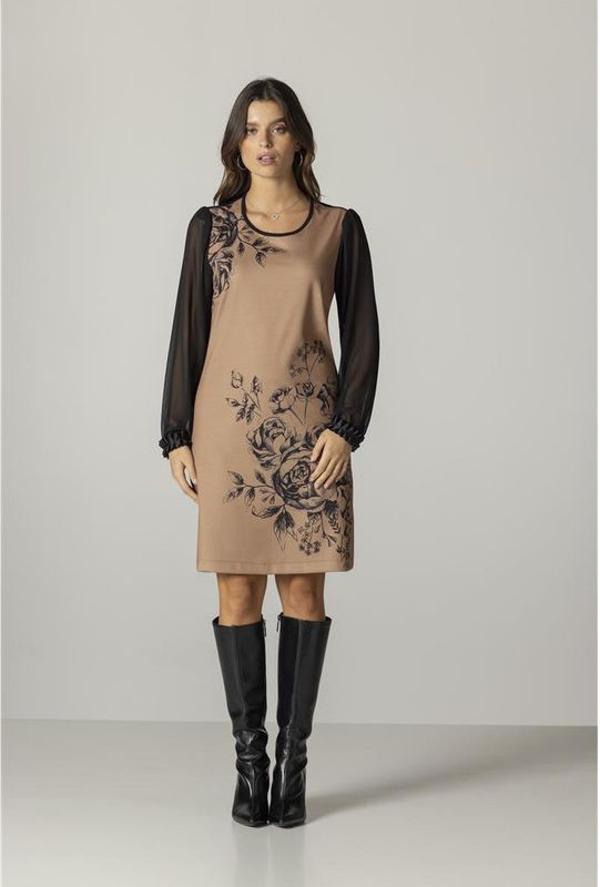 Maloka: Black Petals Semi Sheer Sleeves Dress In Coffee Front