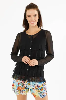 Isle Apparel By Wild Curves: Cha Cha Ruffled Cardigan In Black Mesh