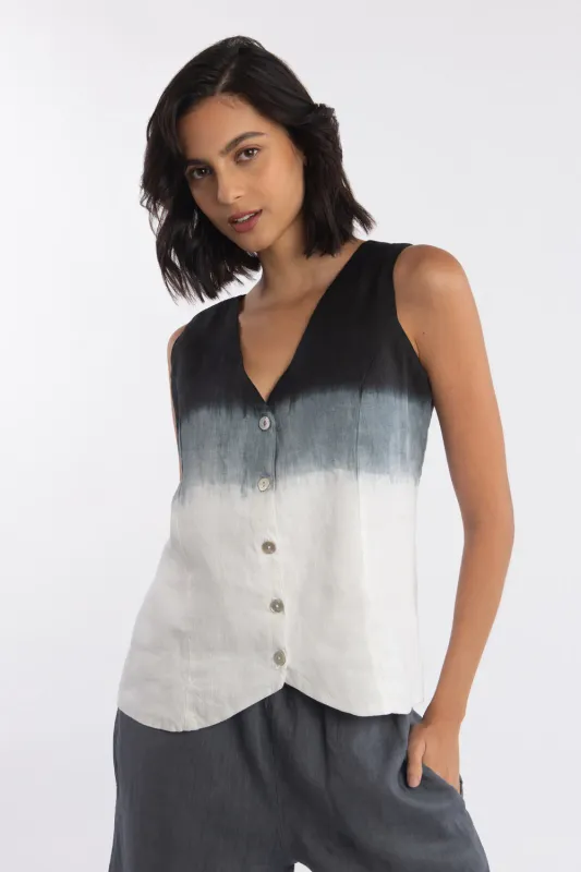 Roma Linen Vest In Black Ombre