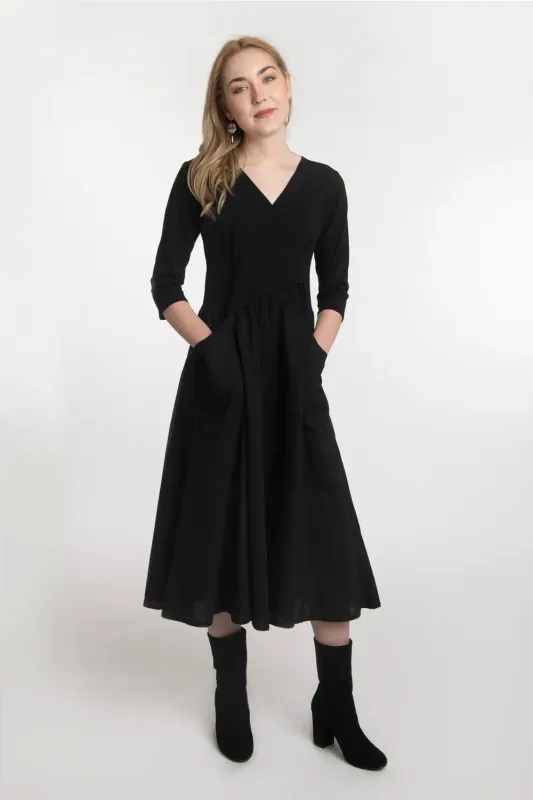 Luna Luz: Domingo 3/4 Sleeve Dress In Black
