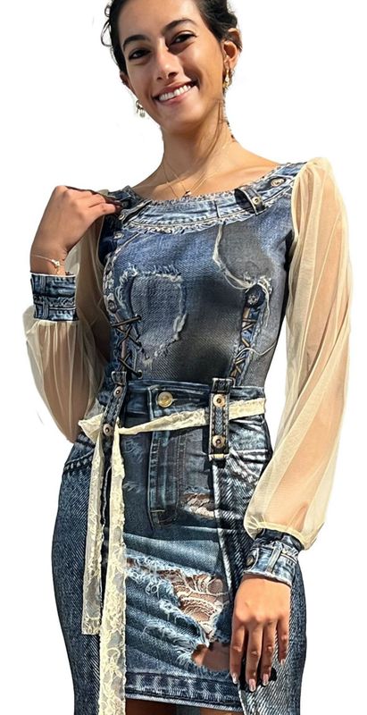 IPNG By Wild Curves: 3D Denim Illusion Blouse With Creme Mesh Sleeves