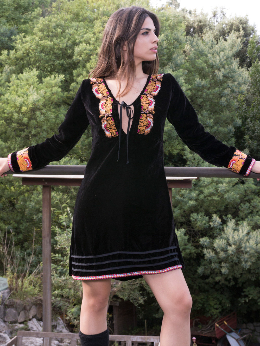 Savage Culture: Pink Pumpkin Embroidered Black Velvet Boho Dress Sandra (1  Left!) - Wild Curves