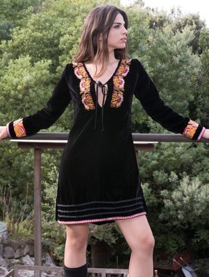 Savage Culture: Pink Pumpkin Embroidered Black Velvet Boho Dress Sandra (1 Left!)