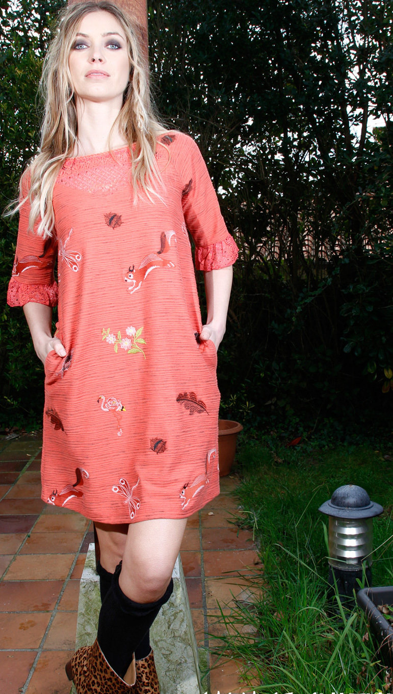 Savage Culture: Pink Orange Dragon Fly Fit & Flare Dress Cecile