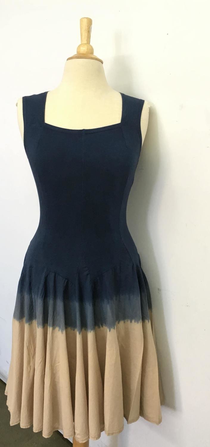 Luna Luz: Godet Dyed Navy/Khaki Ombre Square Neck Dress SOLD OUT