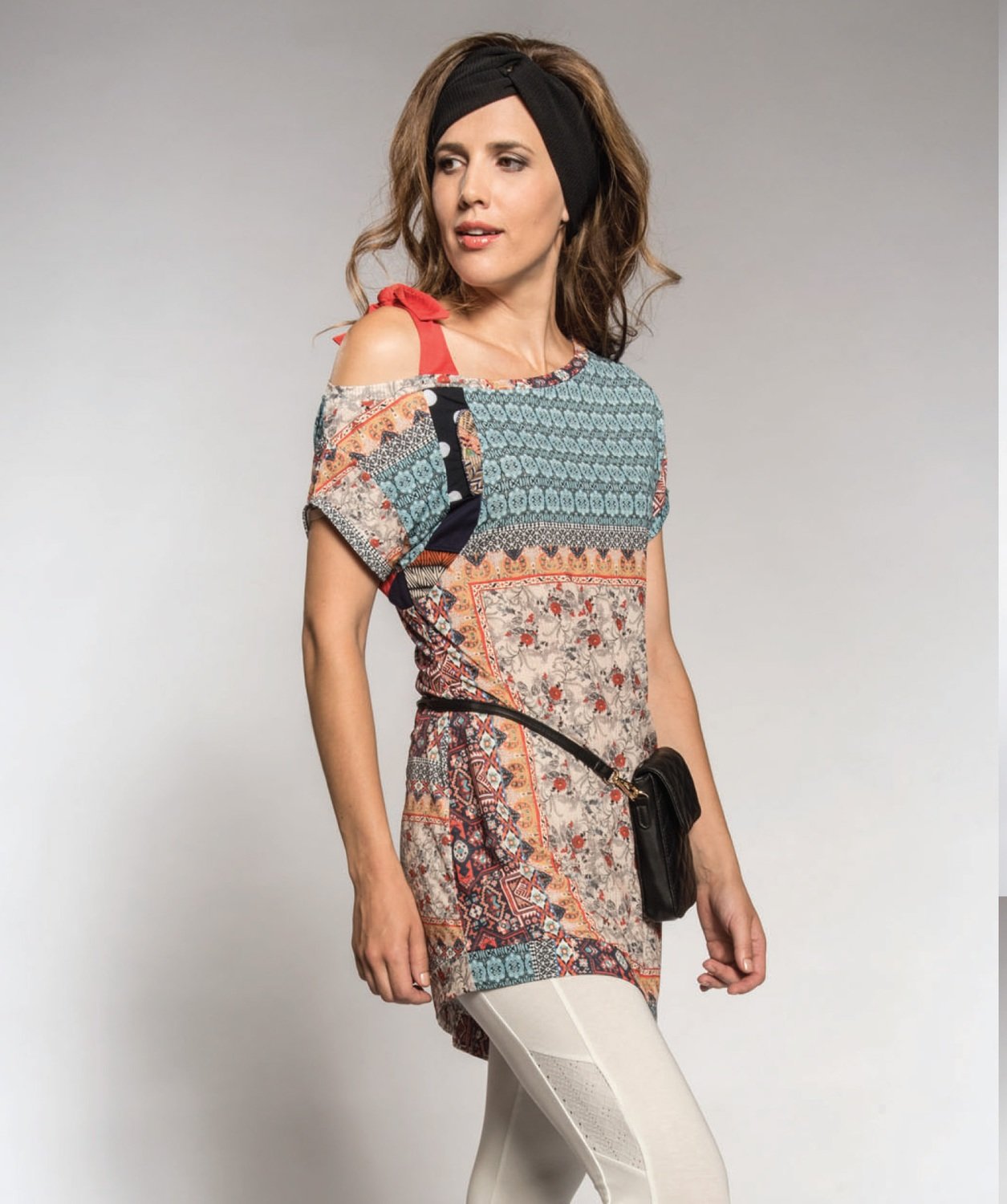 Myco Anna: Asymmetrical Patchwork Cold Bow Shoulder Tunic SOLD OUT
