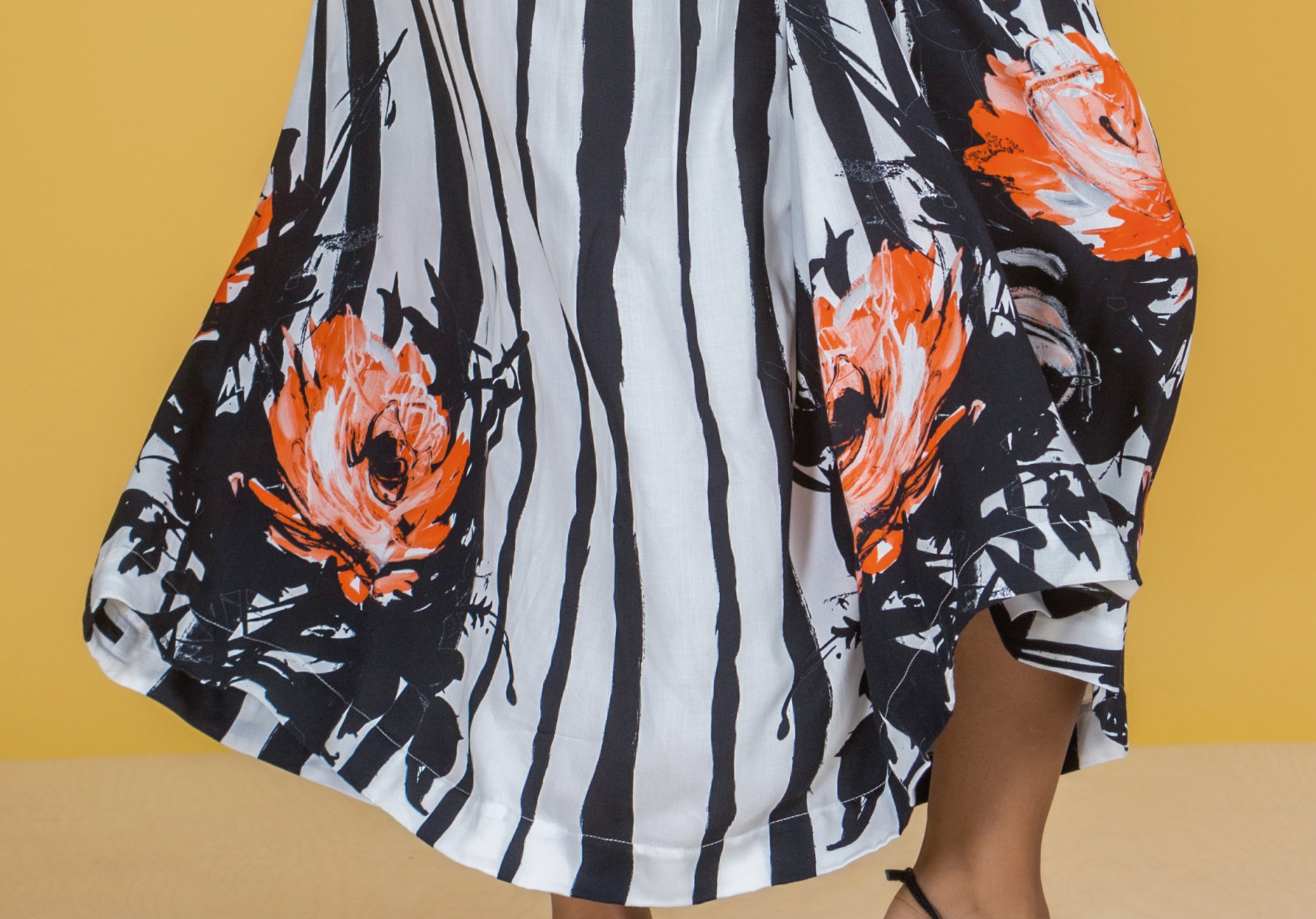 Paul Brial: Wild Orange Rose Hem Plunge Neck Flare Tuxedo Gown (Few Left!)