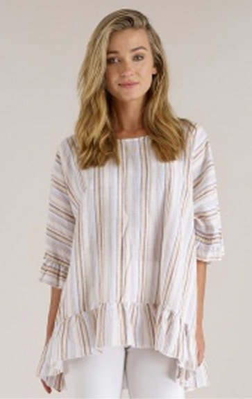 Luna Luz: Stripe High Low Ruffled Linen Tunic (More Colors, Ships Immed, 2 Left!) LL_M712
