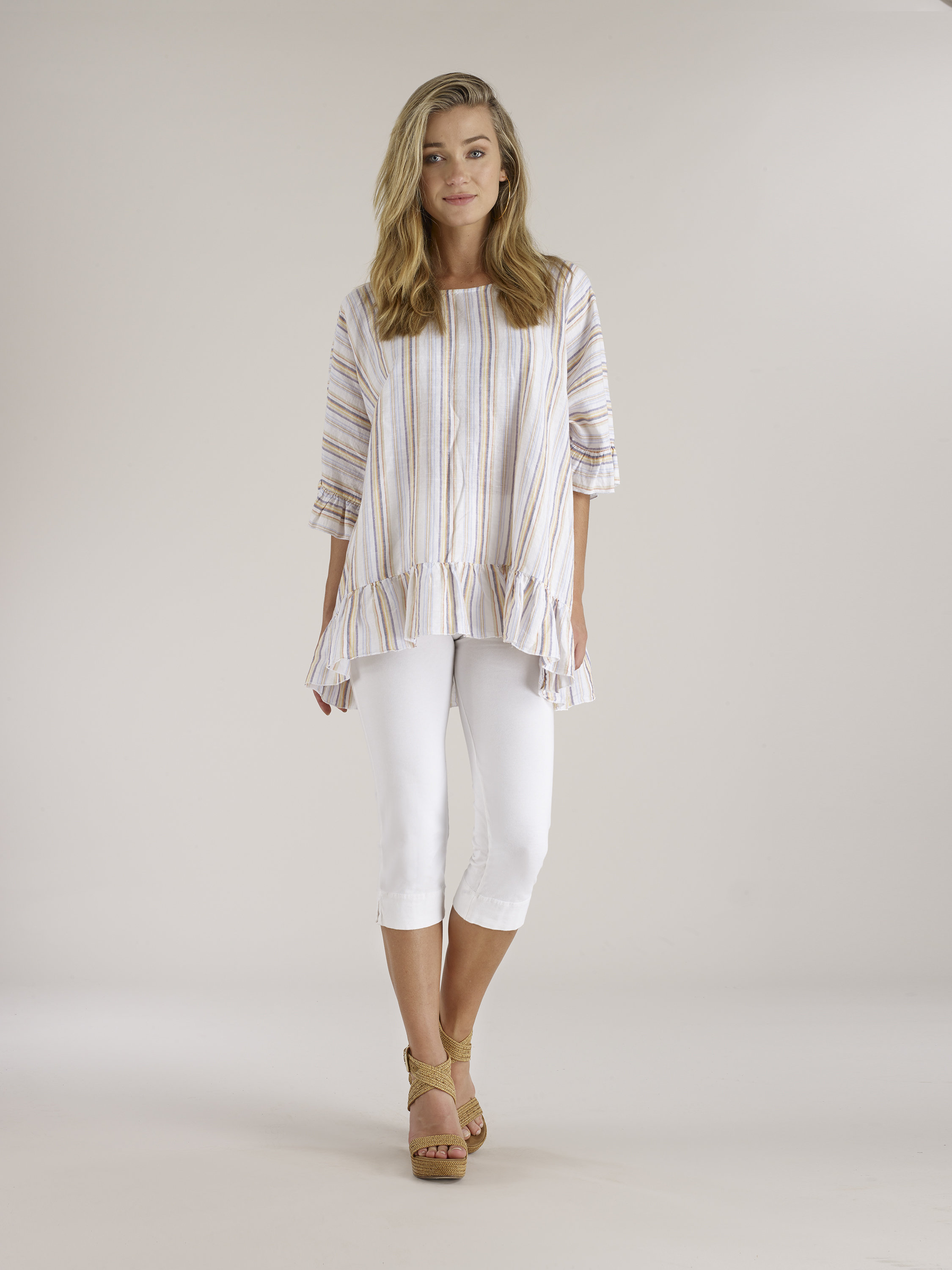 Luna Luz: Stripe High Low Ruffled Linen Tunic (More Colors, Ships Immed, 2 Left!)