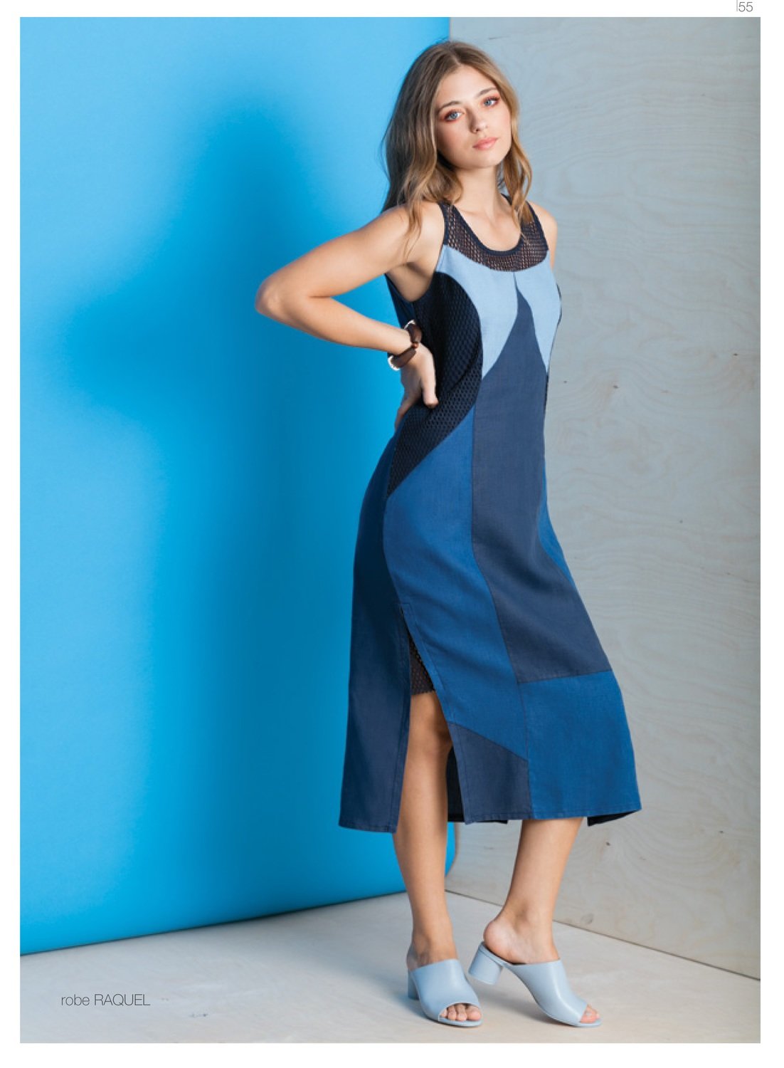 Maloka: Blue Colorblock Linen Denim Maxi Shift Dress