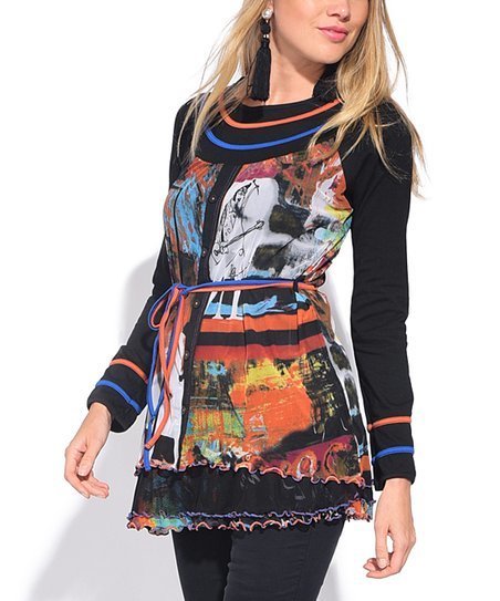 S'Quise Paris: Autumn Leaves Abstract Art Crinkled Tunic SQ_6504_N1