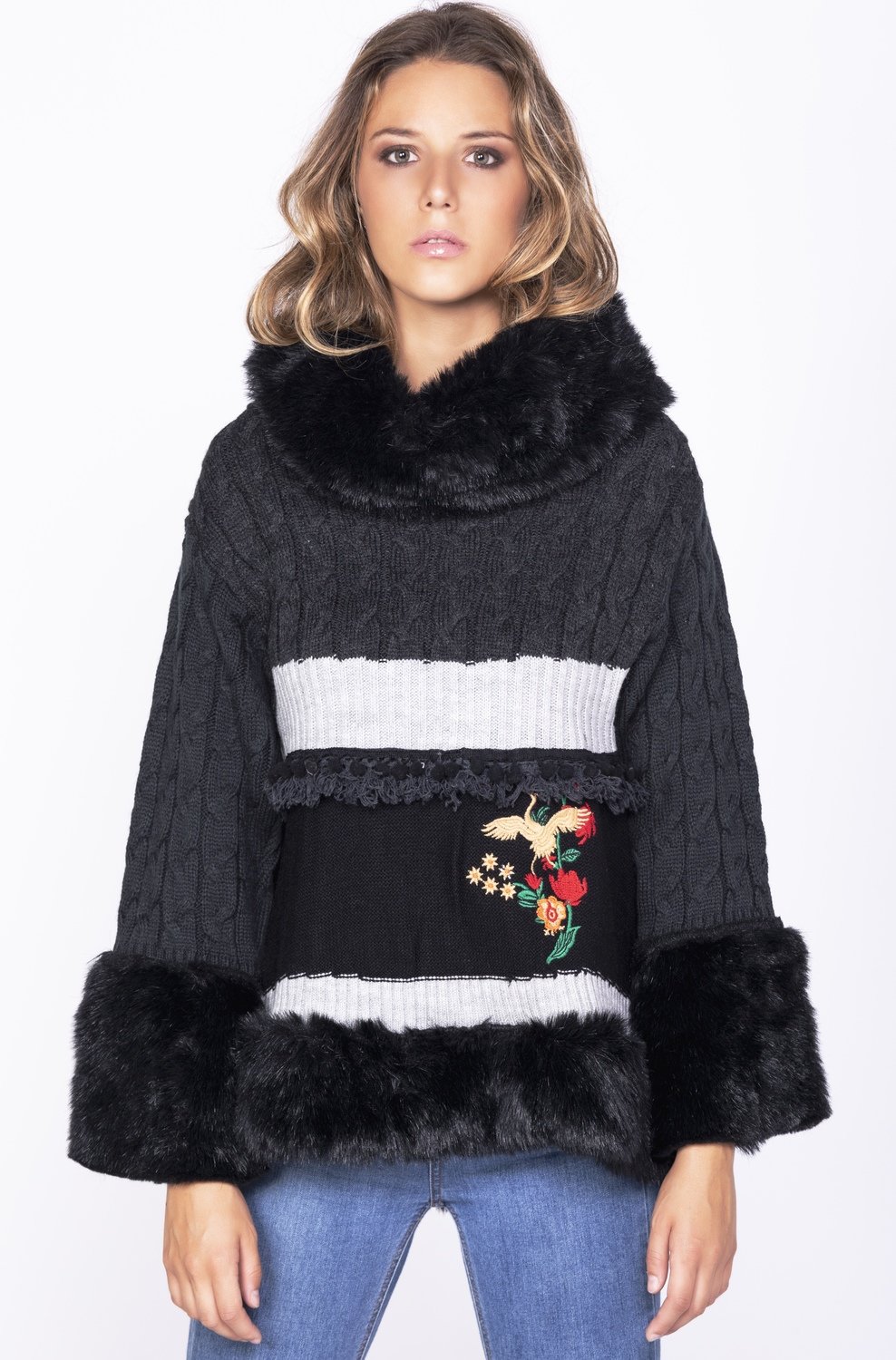 Savage Culture: Little Red Rose Embroidered Faux Fur Sweater Rostov