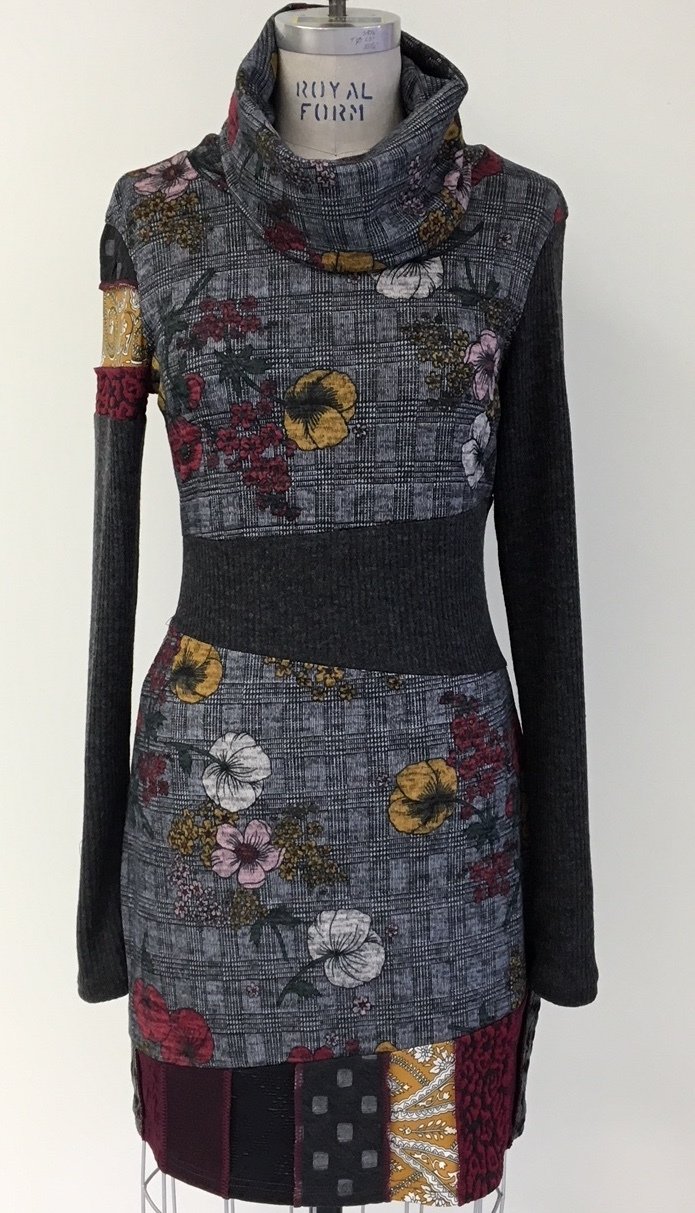 Myco Anna: Eco-Cotton Asymmetrical Patchwork Petunia Plaid Sweater Dress SOLD OUT