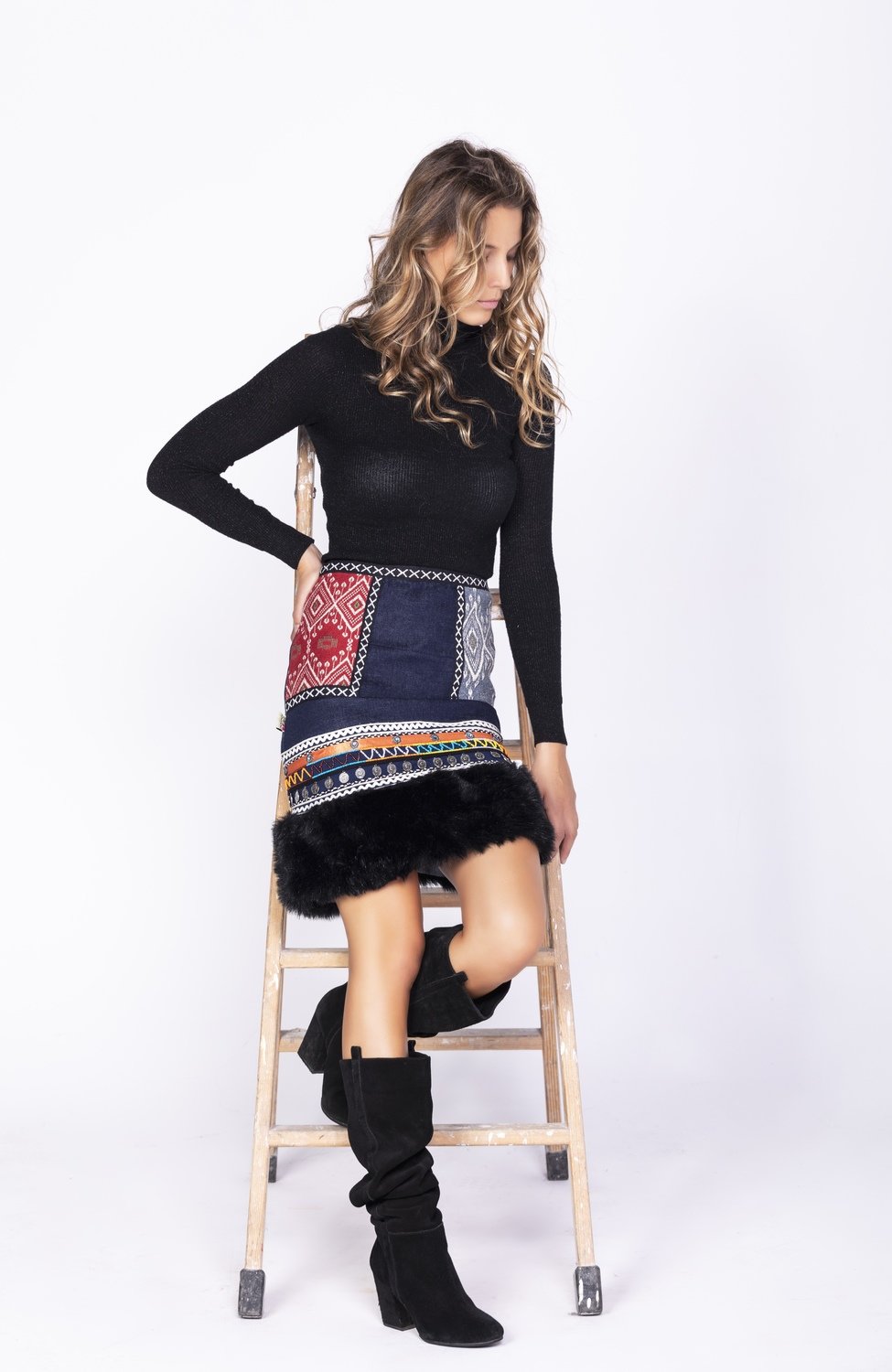 Savage Culture: Embroidered Faux Fur Denim Rhinestone Skirt Chenab
