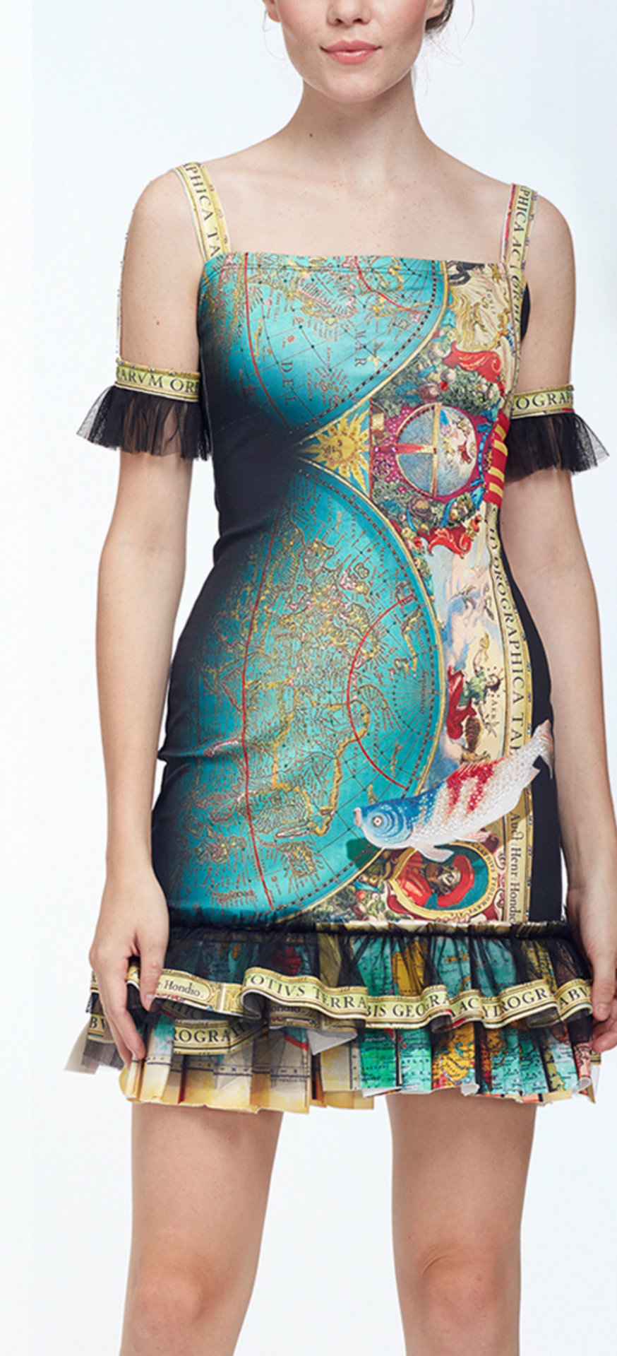 IPNG: The World At Your Paper Boat Trip Ruffled Map Illusion Midi Dress (Some Ship Immed!) IPNG_PBTDM-005_N