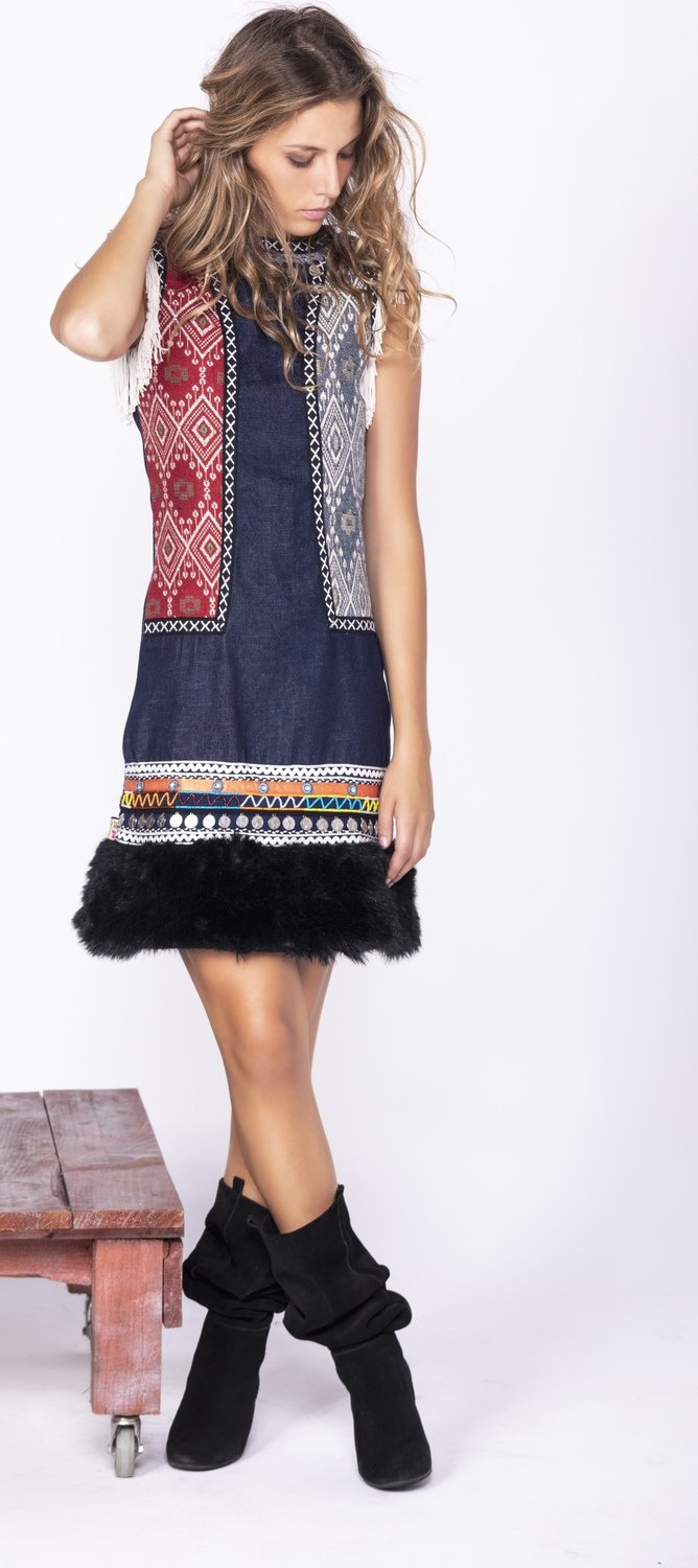 Savage Culture: Embroidered Faux Fur Denim Rhinestone Dress Chenab
