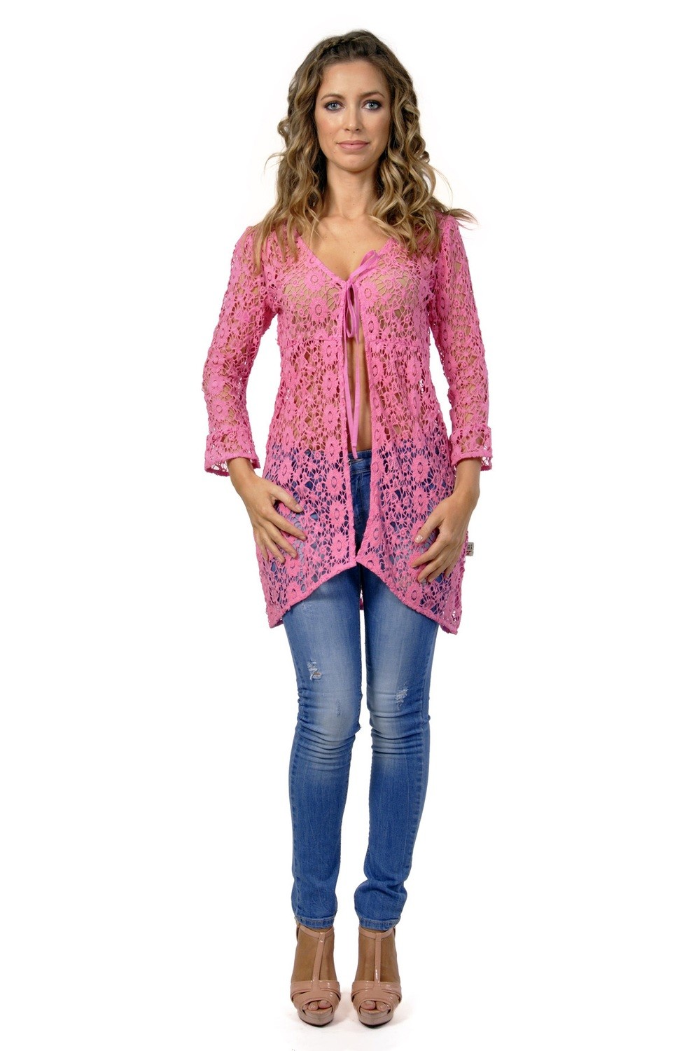 Savage Culture: Pink Rosette Delicate Dakota Long Jacket/Cover Up