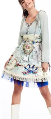 IPNG: Antique Shoulder Ribboned Electric Blue Lace Illusion Flared Skirt