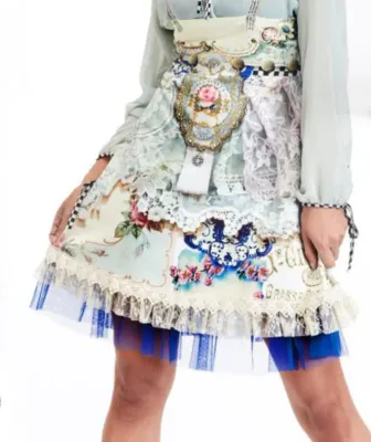 IPNG: Antique Shoulder Ribboned Electric Blue Lace Illusion Flared Skirt
