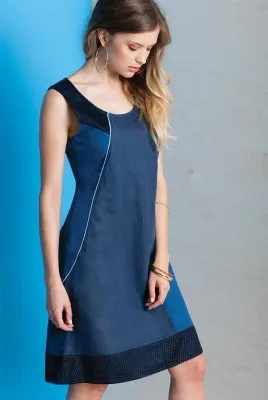 Maloka: Princess Seamed Linen Denim Midi Shift Dress