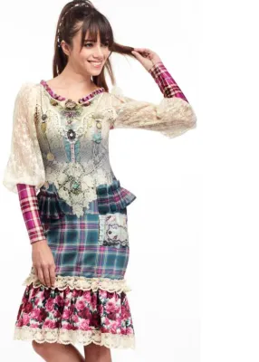 IPNG: Antique Jewels Ribboned Lace Illusion Midi Mermaid Dress